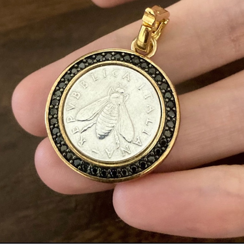 Bellezza Miabella 18K Gold Plated Black Spinel Bee Pendant Italy